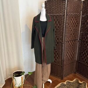 ZARA Knit Women's Green Cardigan Coat with Red Piping Size Small